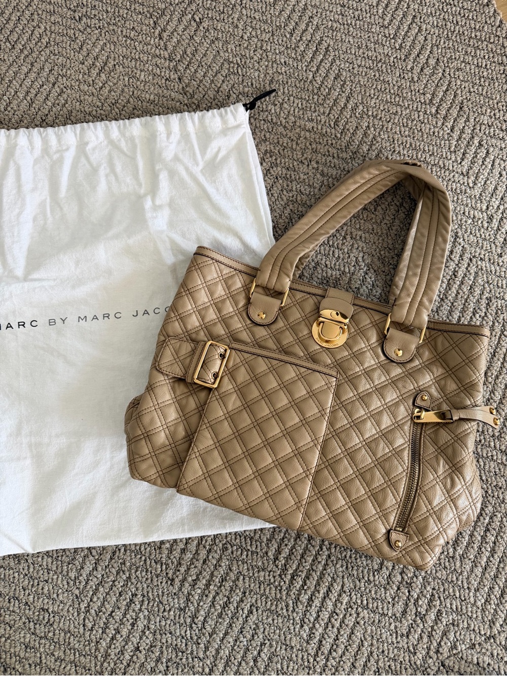 Vintage Marc by Marc Jacobs Quilted Taupe Satchel with Gold Hardware